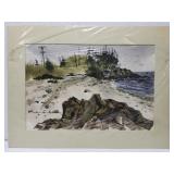 Rocky shoreline watercolor painting by Hutchinson