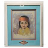 Signed Little Indian girl Pastel print