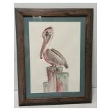 Mixed media perched pelican by Laura Robinson