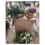 Faux greenery in baskets & brass planters