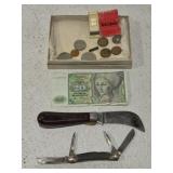Lot of misc knives, coins and more