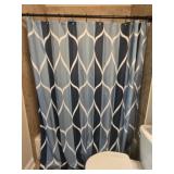 Blue and white shower curtain
