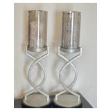 Pair of Metal & Glass Candle Holders w Candles