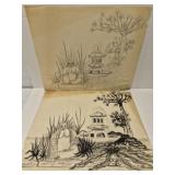 Asian theme etched & water color art***