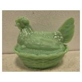 Green JADEITE hen on nest