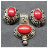 3pc heavy vintage sterling silver red stone
