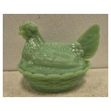 Gorgeous JADEITE green glass hen on nest