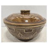 Vintage brown pottery bowl with lid