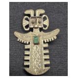 Vintage Aztec .900 sterling silver and emerald pin