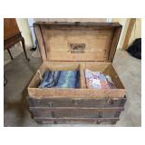Antique Trunk With Vintage Linens & More