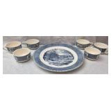 Blue & white platter w 6 cups