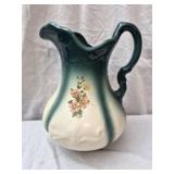 Vtg green & cream ironstone pottery pitcher