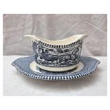 Blue white ironstone gravy boat with plate