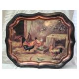 Vintage metal toleware tray with Roosters