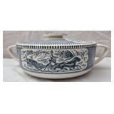 Blue & white round covered casserole dish