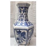 Vintage blue & white hexagonal porcelain vase
