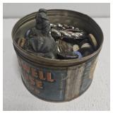 Vintage tin can with buttons and more