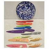 Soeckled Enamel Plate with 9 Kitchen Knives
