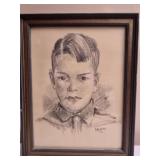 Framed sketch of a young boy by Haugland