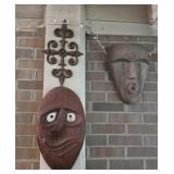 Lot of 2 wooden mask wall decor and iron decor