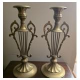 Pair Brass Vintage Harp Candlesticks