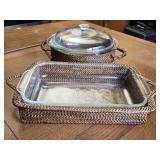 Lot of 2 Pyrex Dishes with Rattan Holders