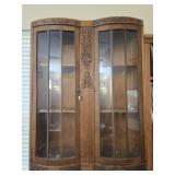 Vintage Oak wood bowed front glass cabinet top