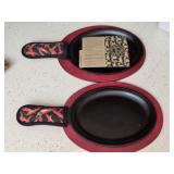 Pair of LODGE Cast Iron Skillets & Wood Trays