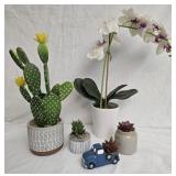 Lot of decorative faux cactus and plants
