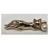 14 K Gold cat pin with pearl