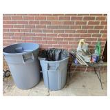 2 Brute Trash Cans & Metal Side Table & Contents