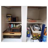 Cabinet lot of serving trays flashlight & more