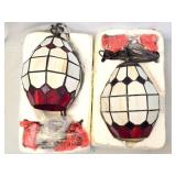 Pair of Red & White Stained Glass Hanging Lamps