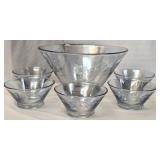 Ice Blue Etched Large Glass Bowl w 5 Small Bowls