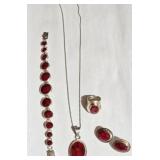 Sterling Silver Jewelry Set Red & Black Stone 63 g