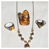 3 Sterling Silver Baltic Amber Rings & Necklace