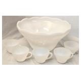 Large Grape Pattern Milk Glass Punch Bowl & Cups