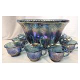 Indiana Glass Carnival Glass Punch Bowl & Cups