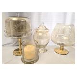 Set of 4 Vintage Amber Etched Glass Pieces