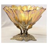 Sunflower Carnival Glass Bowl w Brass Grape Base