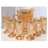 Orange Iris & Herringbone Pitcher & 6 Glasses