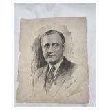 Vtg Charcoal or Chalk Print of Franklin Roosevelt