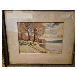 Framed watercolor landscape painting