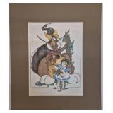 Whimsical scene color pencil art of a girl & wolf
