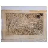 Etching print of landscape & gnarled tree trunks