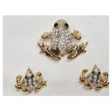 3 pc Jeweled Frog Brooch & Earrings Set