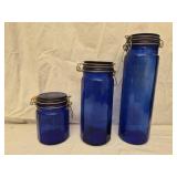 3 vintage cobalt blue glass storage jars