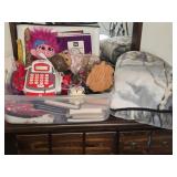 Tote of Misc Kids Clothes Toys Games Clips Etc