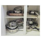 Cabinet Lot of Misc Metal Cooking Pans Pots Etc