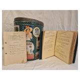 Vtg popcorn tin w old cooking books & more